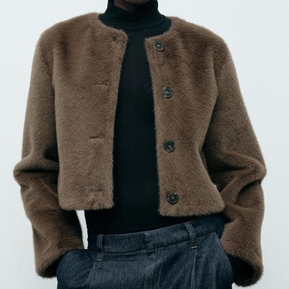 Zara Crop Faux Fur Jacket - Picture 1 of 3
